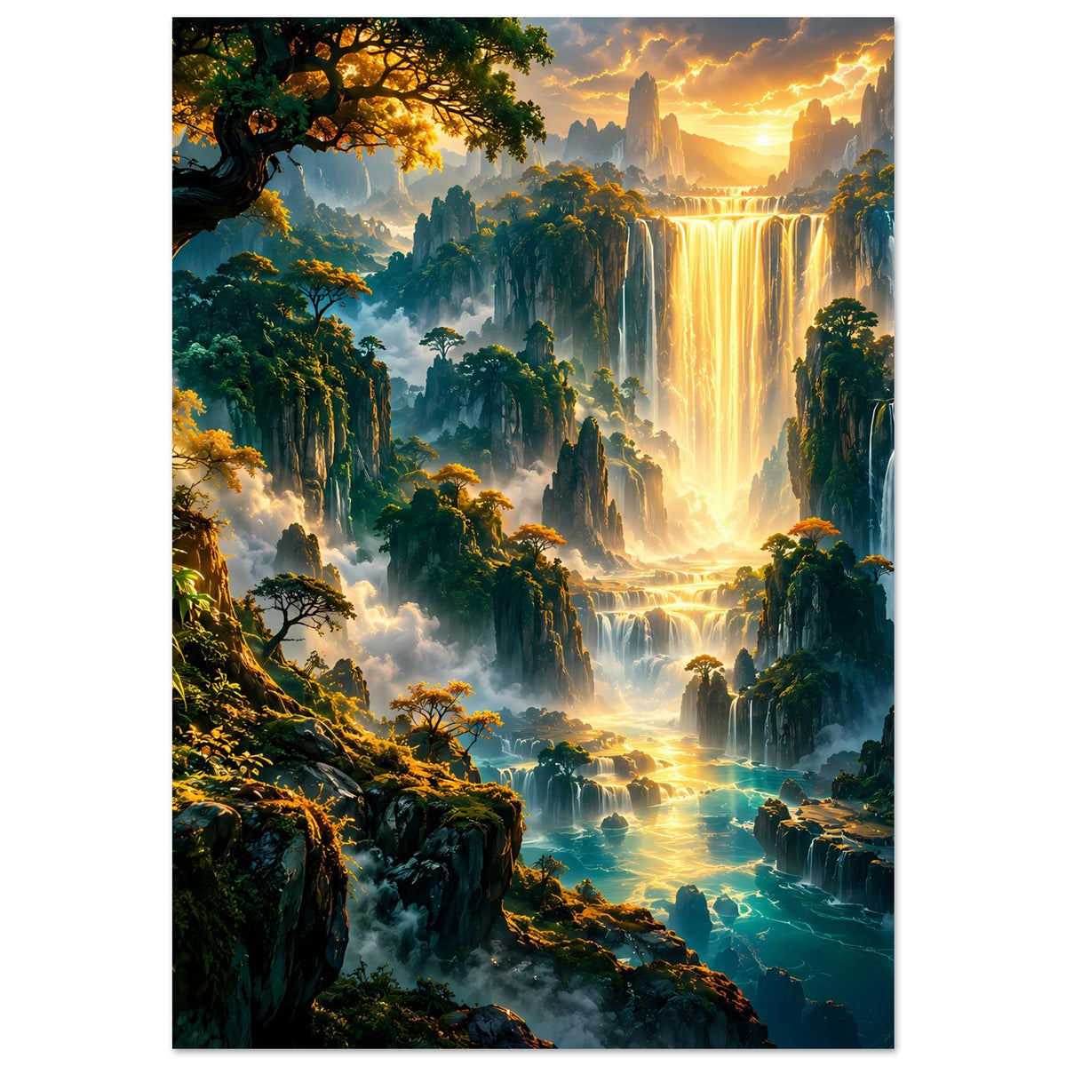 Vertikales Poster einer Fantasielandschaft mit goldenem Wasserfall im Sonnenlicht