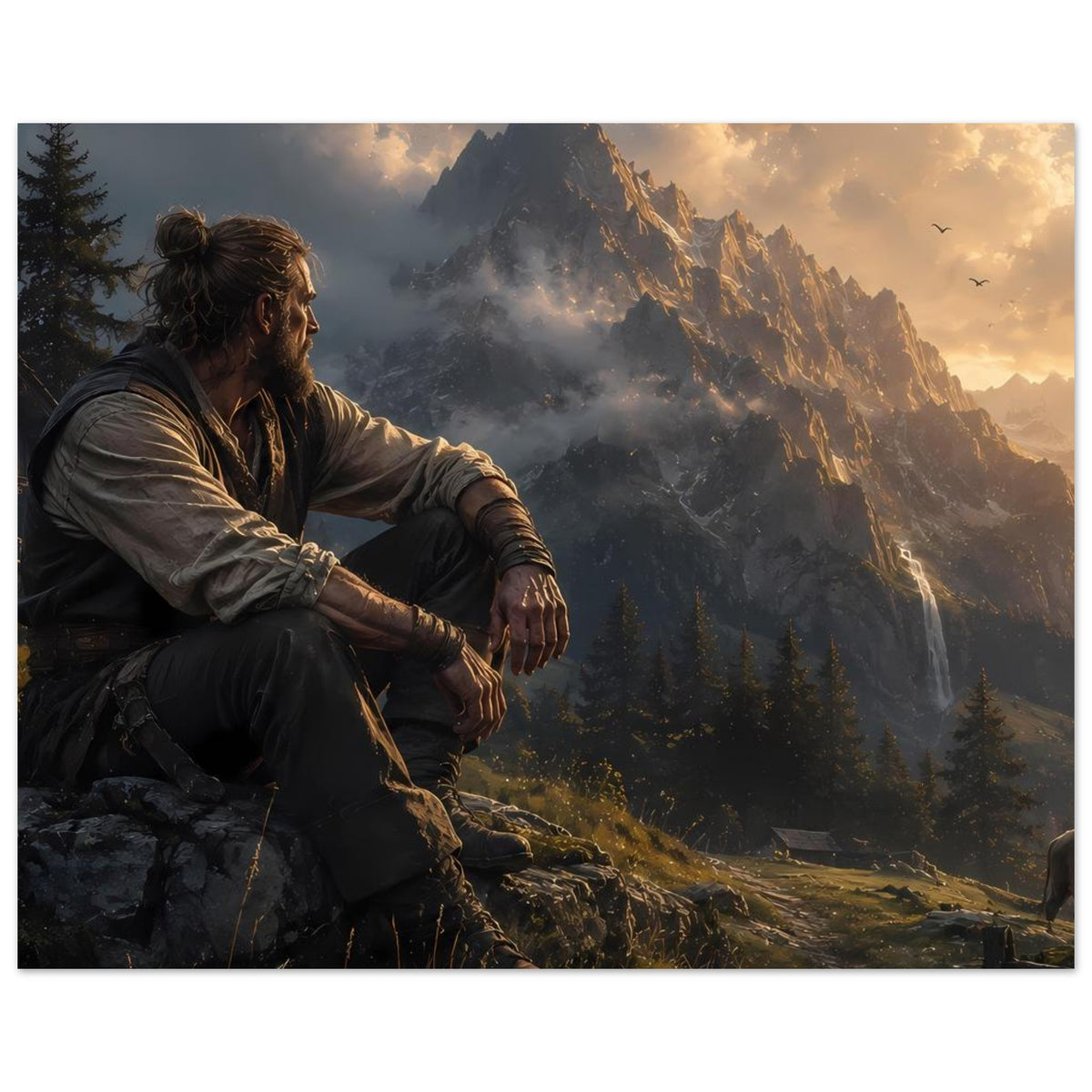 Horizontales Poster mit Bergszene: Mann am Fels, Tannenwald und Sonnenstrahlen