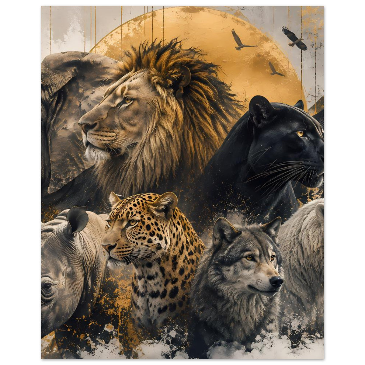 Poster im Gold-Schwarz-Stil mit Löwe links und Panther rechts, umgeben von Tieren