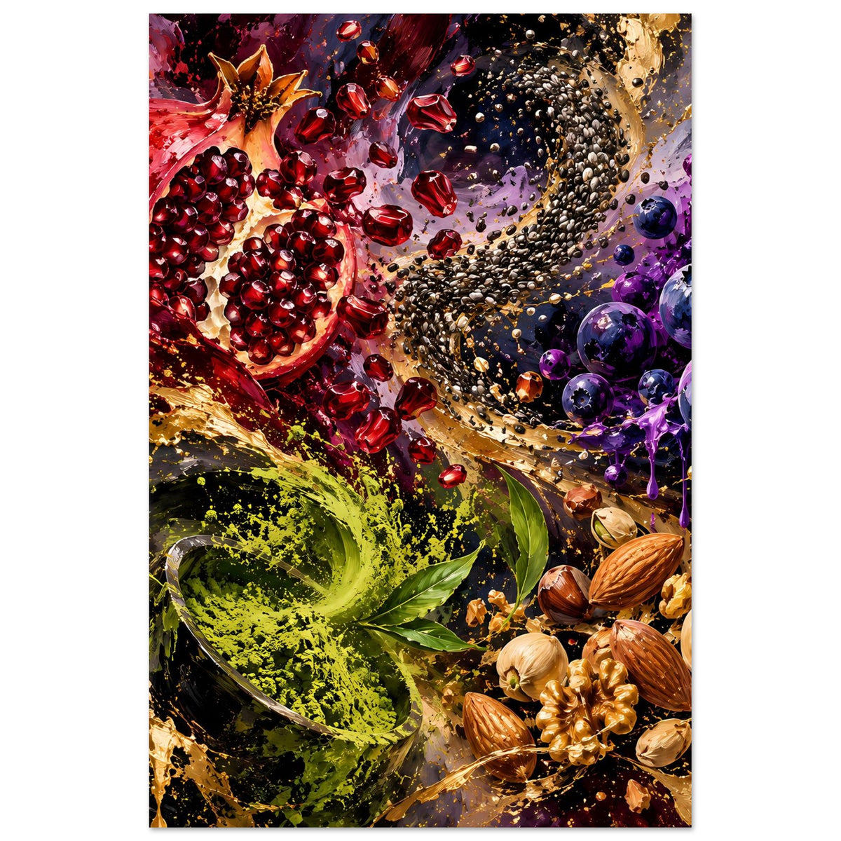 Vertikales Poster mit Granatapfel, schwarzen und lila Beeren, grüner Spirale, Nüssen