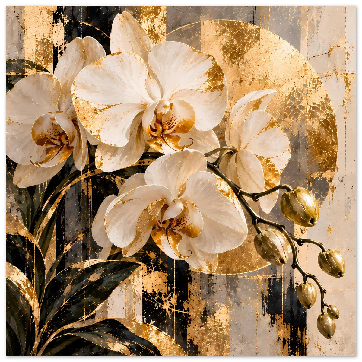 Blumenposter mit großen weißen Orchideenblüten und goldenen Sprenkeln, Nahansicht.
