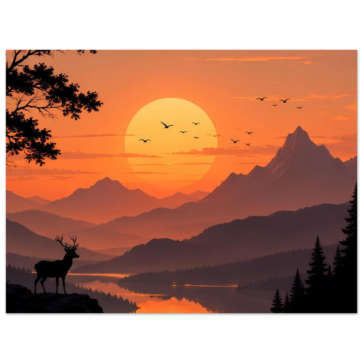 Poster mit Bergsee bei Sonnenuntergang, silhouettierten Tieren, Vögeln und Hirsch am Rand