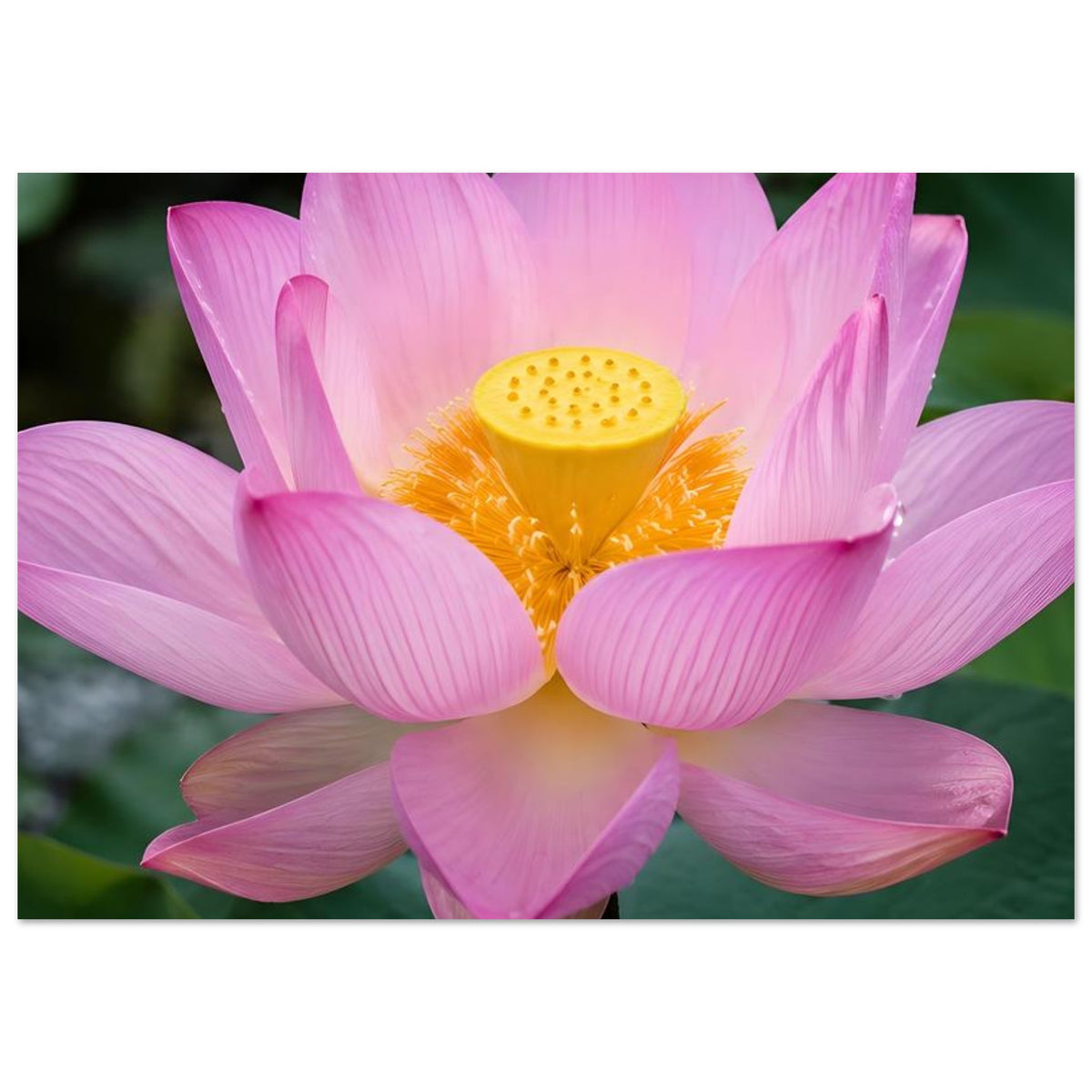 Lotusblüten-Poster im Rahmen: detailreiche pinke Lotusblüte mit gelber Mitte