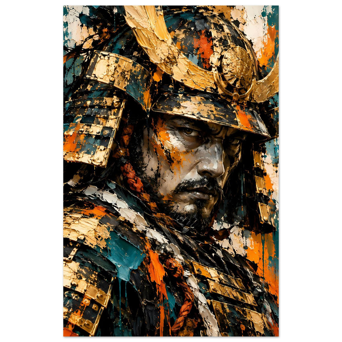 Samurai-Krieger Poster, vertikales Motiv mit Helm, Bart und Goldrüstung in Teal-Tönen