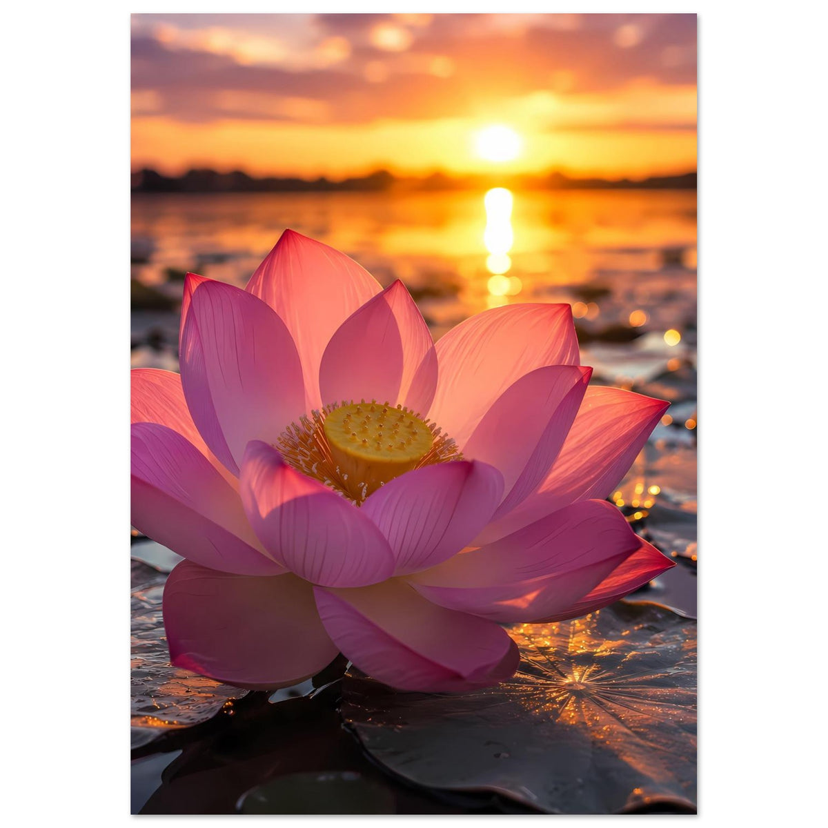 Hochkant-Poster mit großer Lotusblüte in Pink/Violett und warmen Himmelstönen