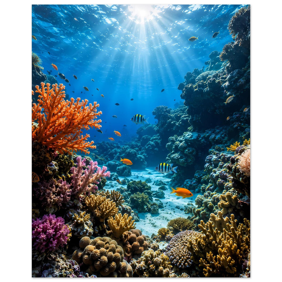 Unterwasser-Poster (Hochformat) mit Korallenriff, Fischen und blauem Wasserglanz