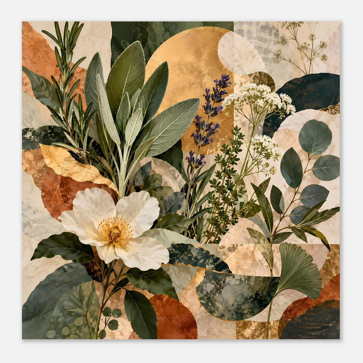 Botanisches Poster mit weißer Blüte, blauen Blüten, Farn- und Blattmotiven in warmen Erdtönen