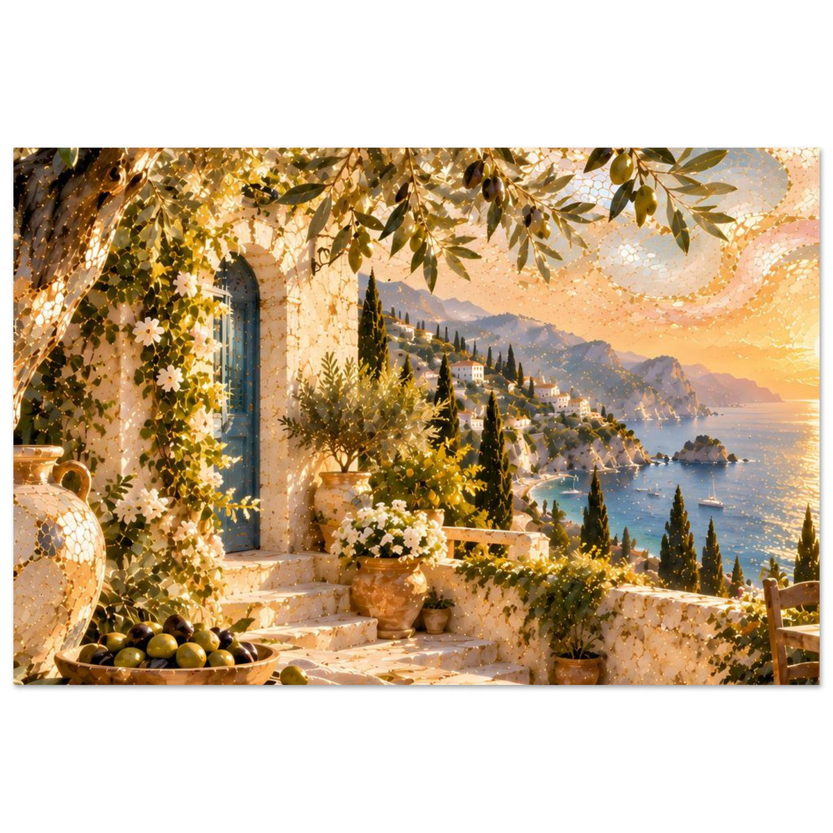 Kunstdruck mit mediterraner Terrasse, Olivenlaub, Vasen und goldenem Wasserblick