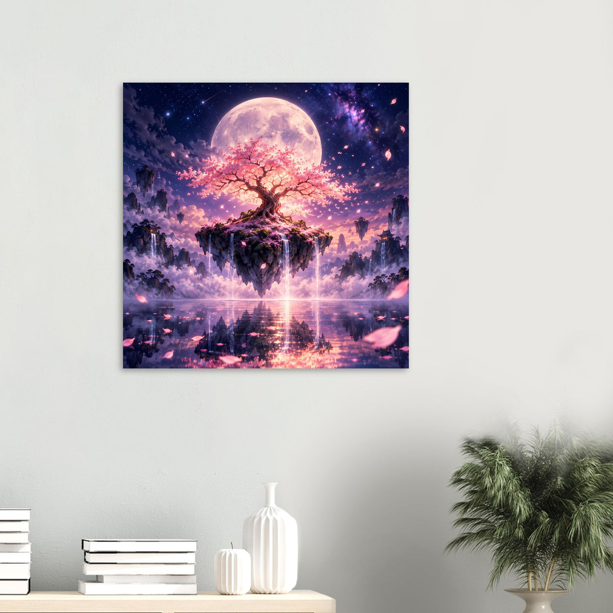 Kleines Poster: Kirschblütenbaum auf schwebender Insel, Vollmond am Sternenhimmel