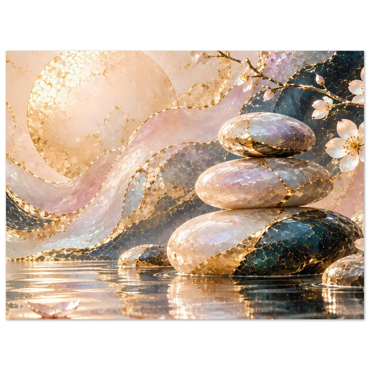 Zen-Motiv-Poster: runde Steine stapeln sich im Wasser, goldene Akzente, Blütenzweige