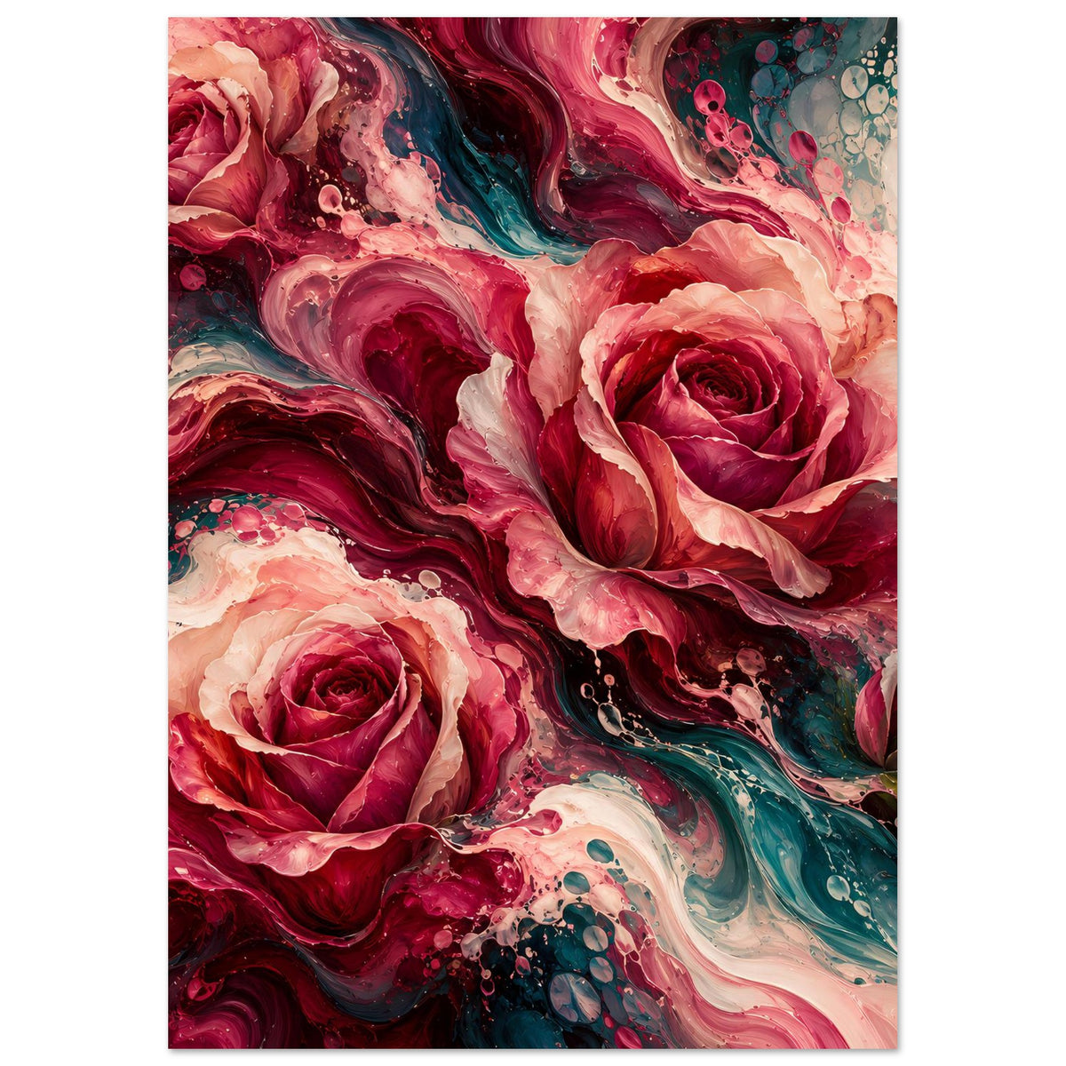 Blumenposter mit drei roten Rosen und türkisfarbenen Sprenkeln, abstrakt
