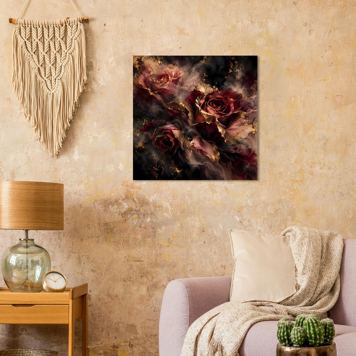 Quadratisches Wandposter: dunkle Rosenblüten mit goldenen Akzenten, schwarz gerahmt.