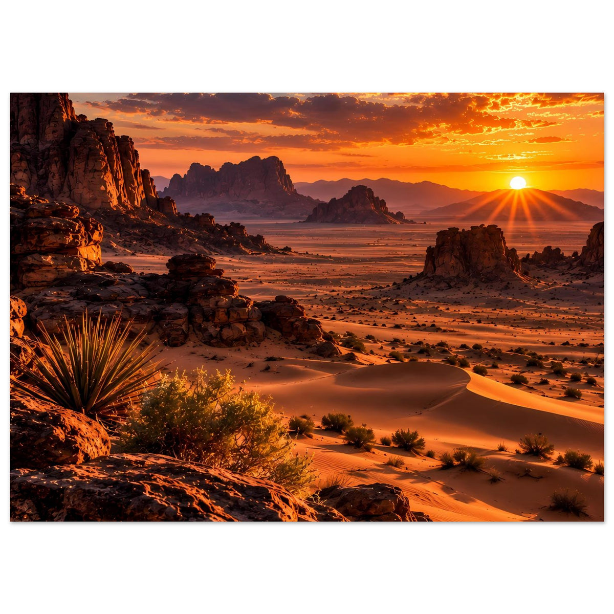 Horizontales Poster mit Wüstenlandschaft bei Sonnenuntergang, goldene Dünen und Felsen.