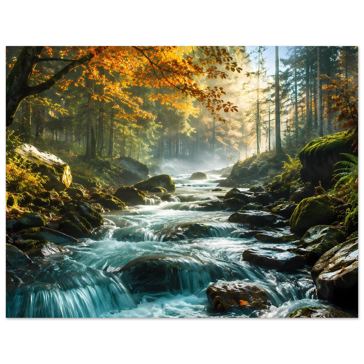 Horizontales Poster mit Wasserfall im Wald, türkisfarbenem Wasser und herbstlichen Farben