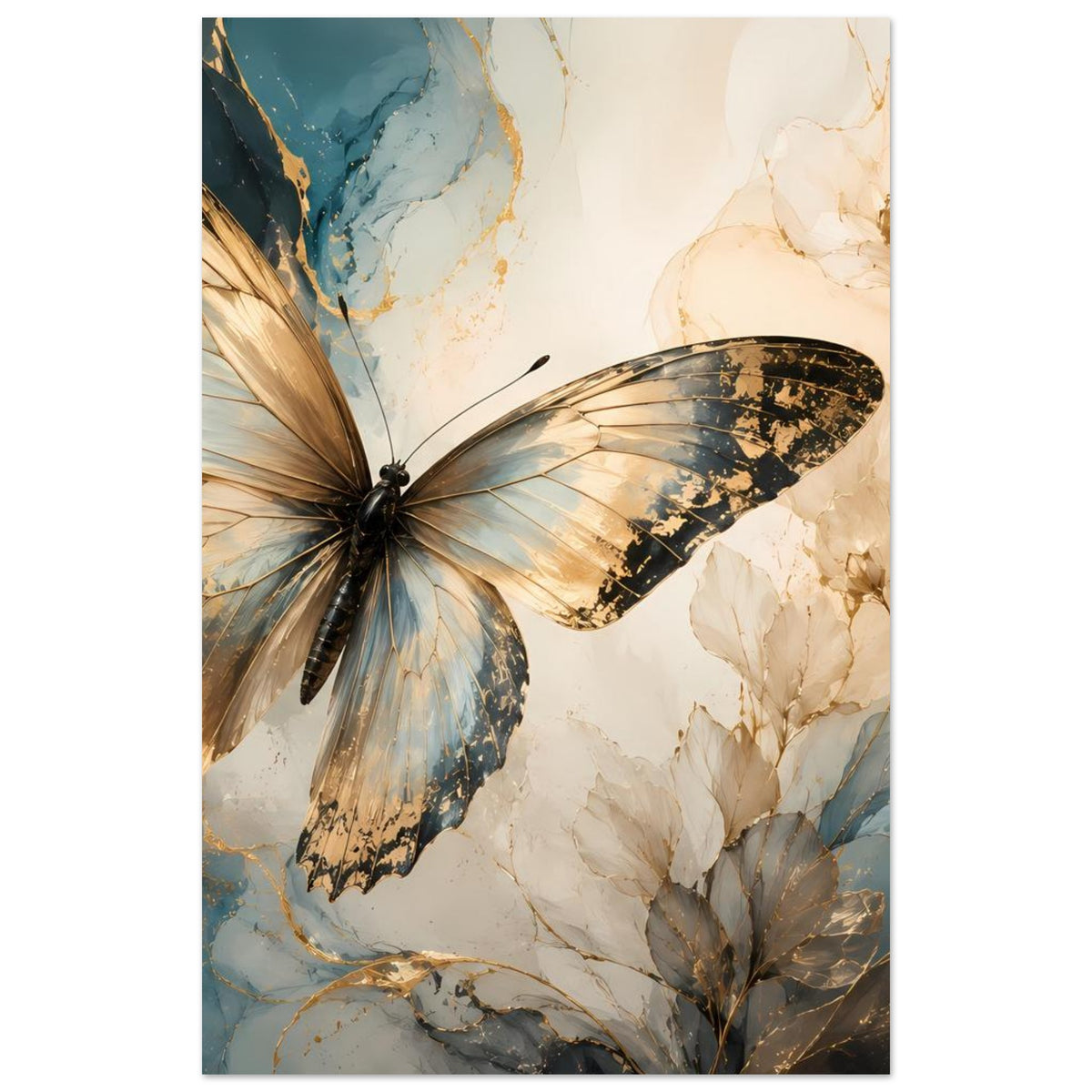 Schmetterlingskunst-Poster im Hochformat mit goldblauem Schmetterling und hellen Blütenästen