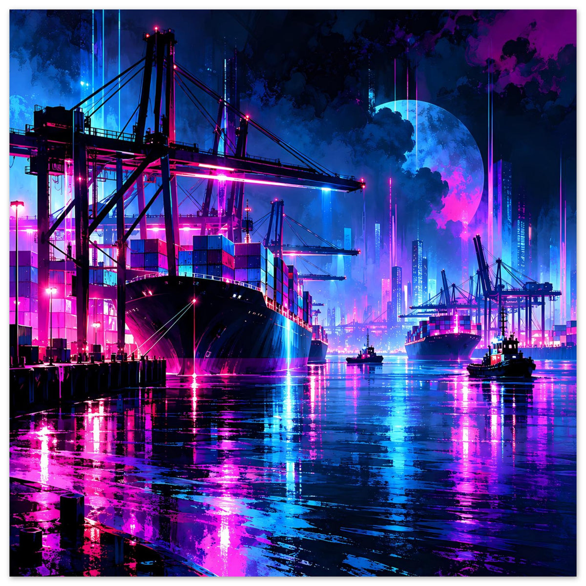 Neon-Hafen-Nachtposter: Brücke und Kräne am Wasser, lila-rosa Neonlichter, große blaue Mondsichel