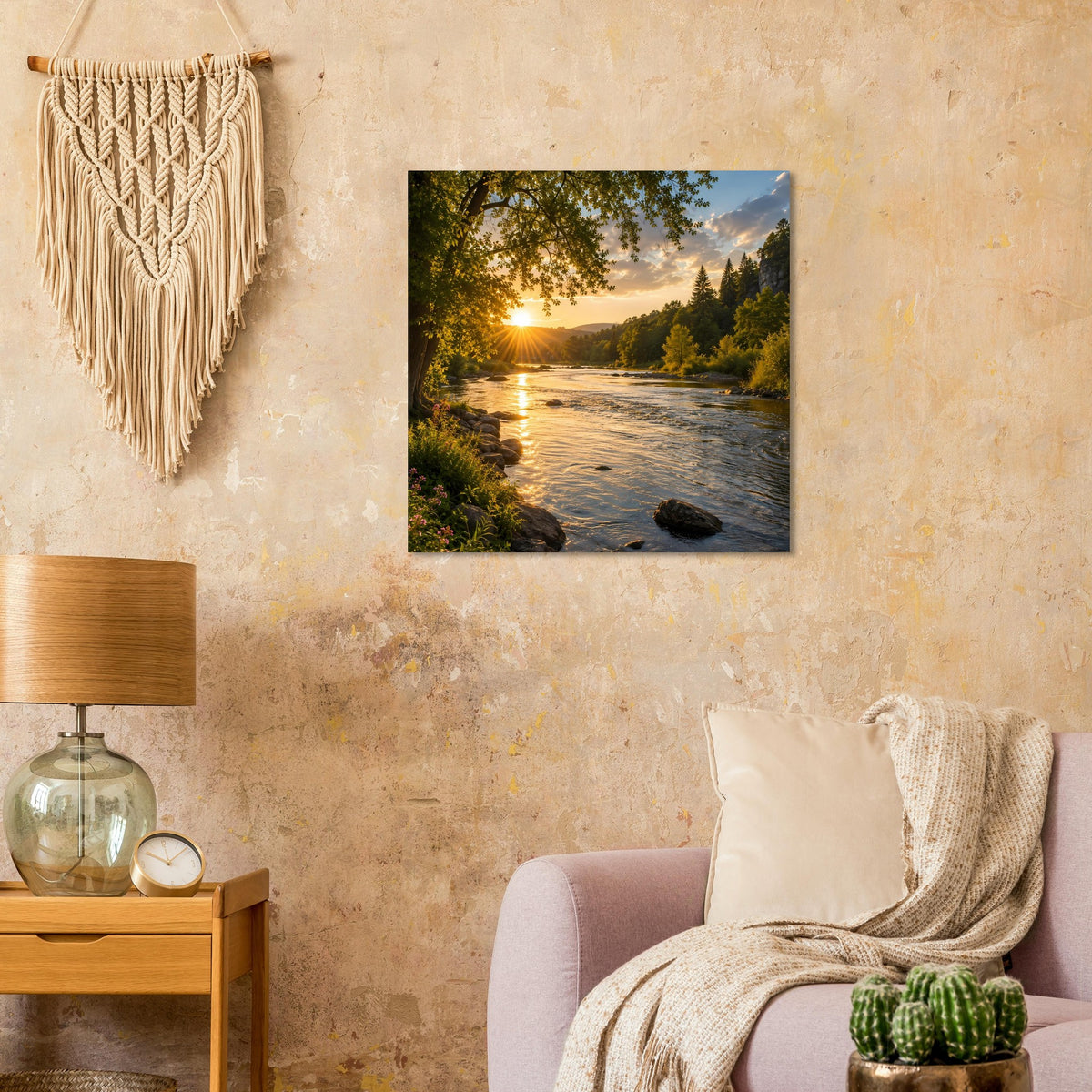Naturposter: Fluss mit goldenem Lichtreflex im Wasser und bewaldeten Ufern