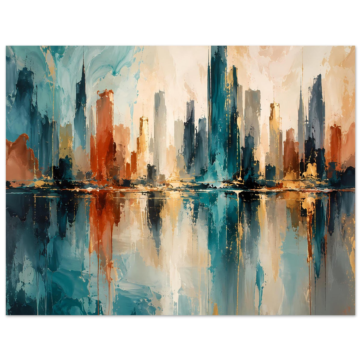 Abstraktes Skyline-Poster mit Wasserspiegelung, blau-goldene Farbflächen und Rostakzente