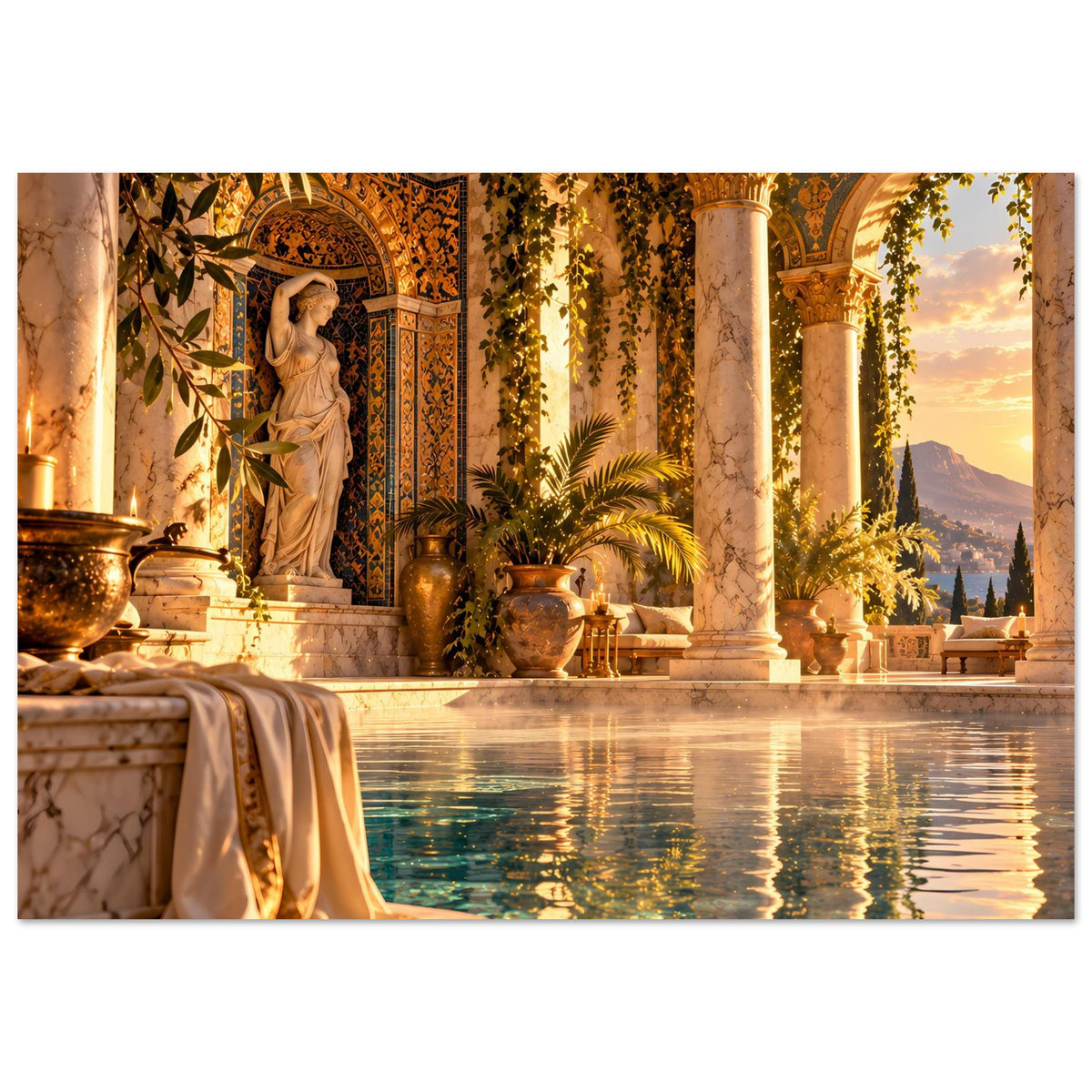 Mediterranes Pool-Poster mit Statue, Säulen und warmem Abendhimmel über dem Wasser