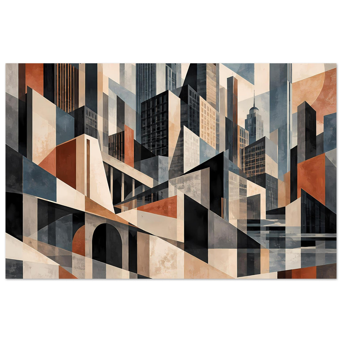 Architekturposter mit geometrischer Stadtsilhouette, blockigen Gebäuden und gebogener Passage in Erdtönen