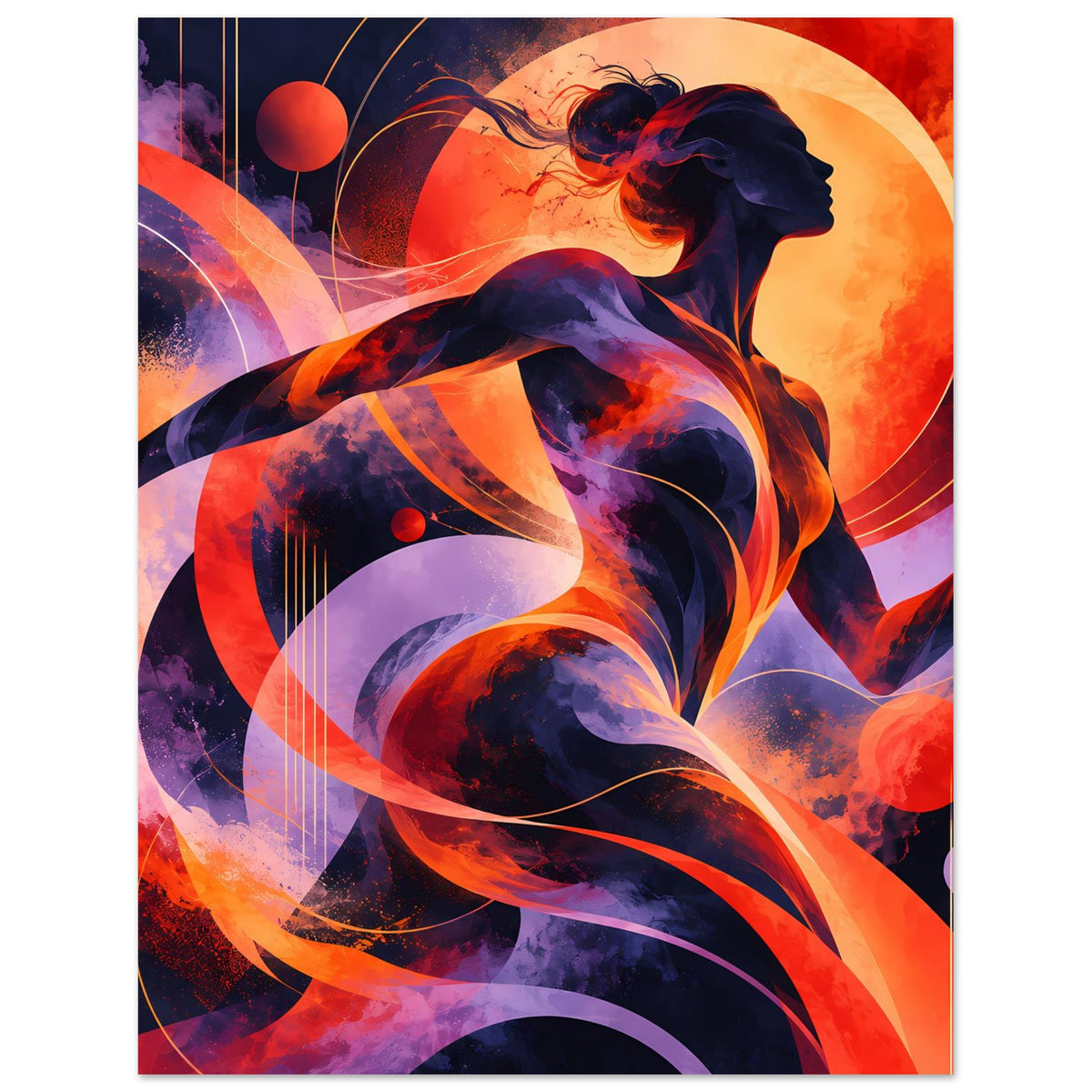 Kunstdruck-Poster mit abstrakter Frauenfigur, seitlicher Blick, kräftige Orange- und Violetttöne