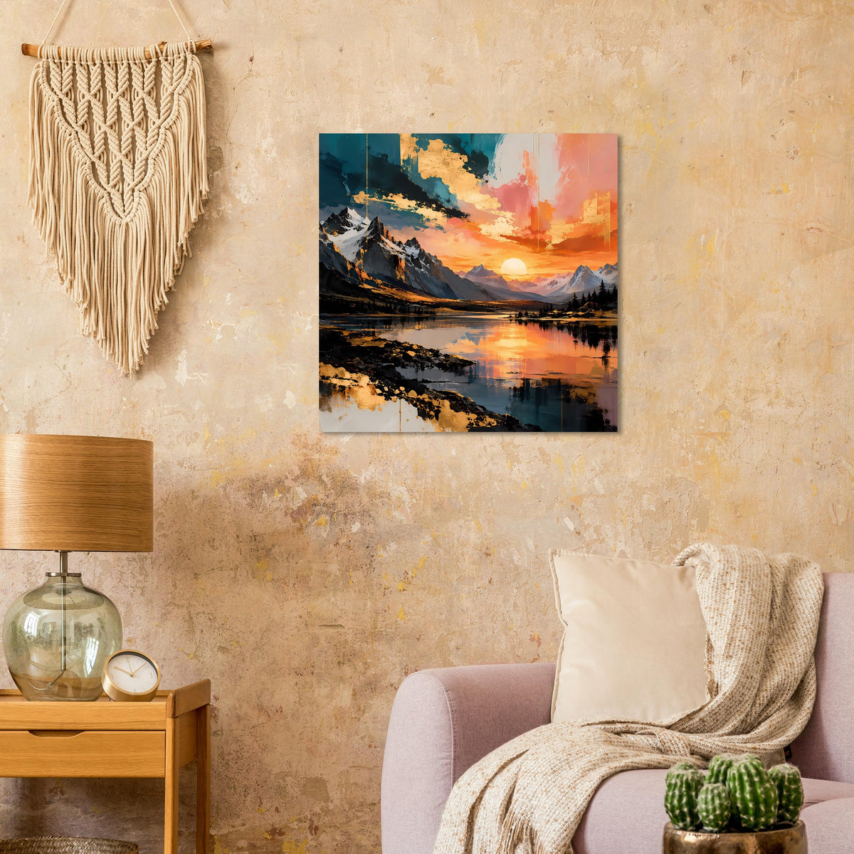 Wandposter mit Sonnenuntergang über Berglandschaft und See, warmes Farbspiel und Felsufer