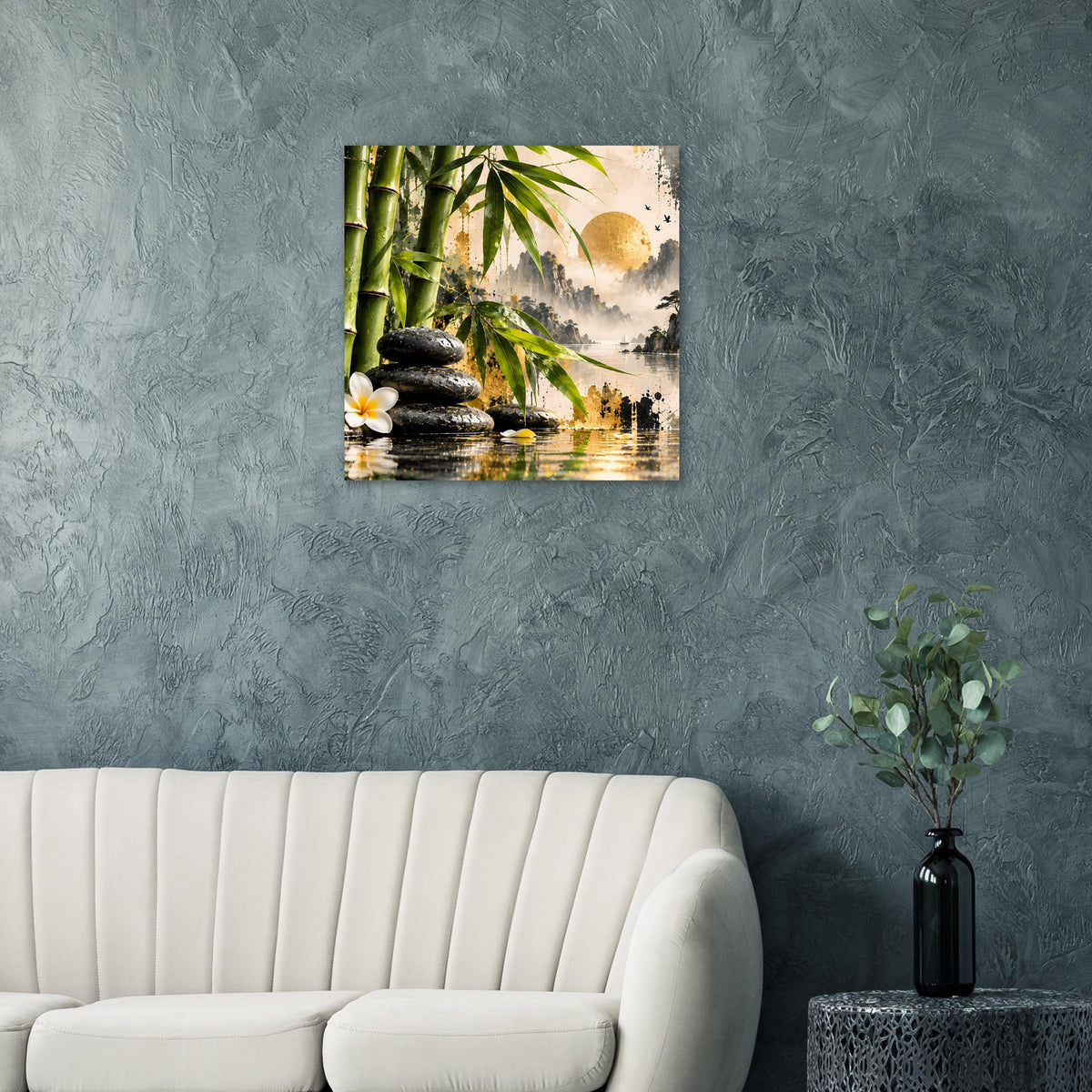 Zen-Bambus-Poster mit Bambus, goldener Sonne, Spiegelungen im Fluss und schwarzen Steinen