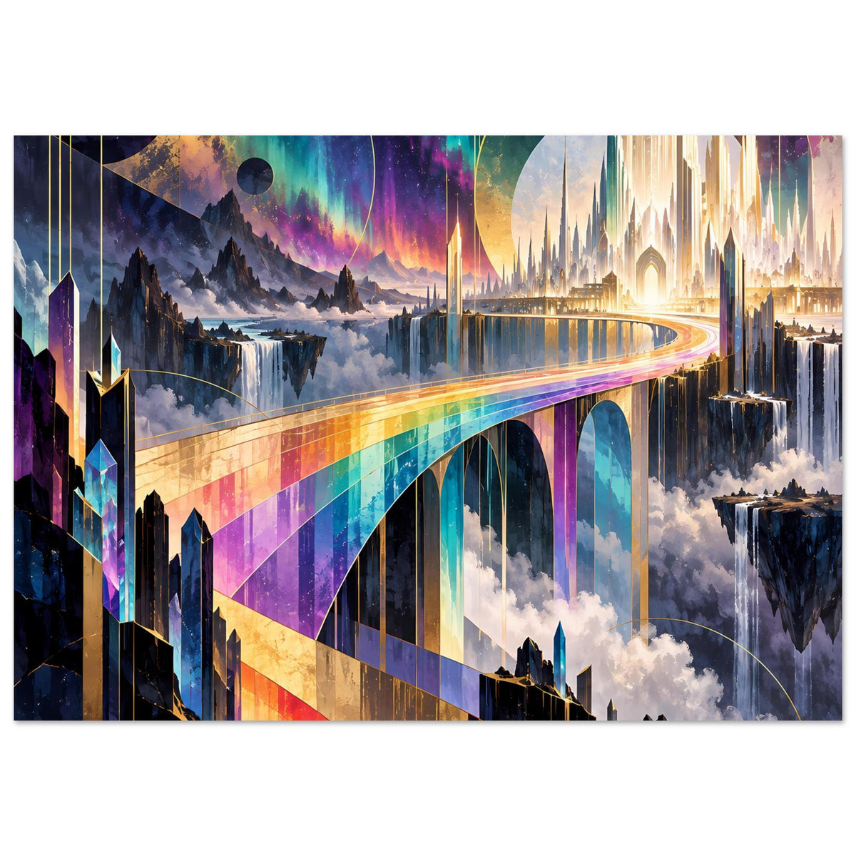 Futuristisches Regenbogen-Brückenposter mit buntem Lichtband, Wolken und futuristischer Skyline