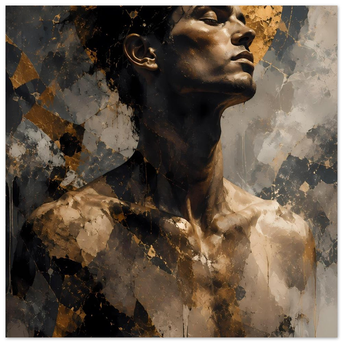 Kunstposter mit abstraktem Männerporträt in Gold-, Schwarz- und Grautönen, Profilansicht, Vollbild.