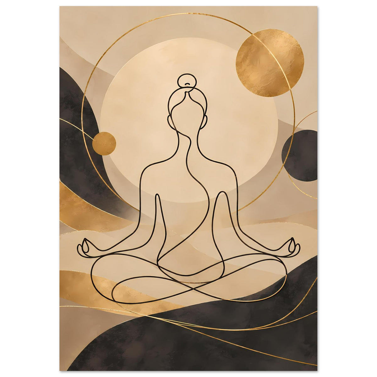 Minimalistischer Yoga-Meditations-Kunstdruck in Hochformat: Meditationsfigur mit goldener Kreislinie