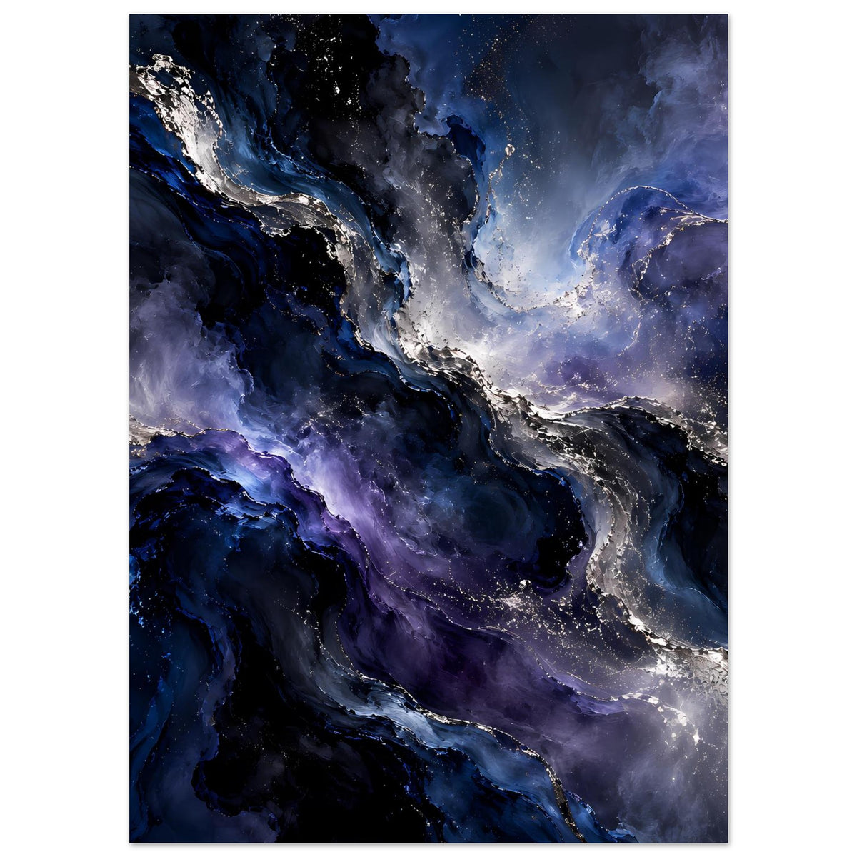 Weltraum-Poster, vertikal: dunkle und violettblaue Nebelwirbel mit silbernen Lichtpartikeln.