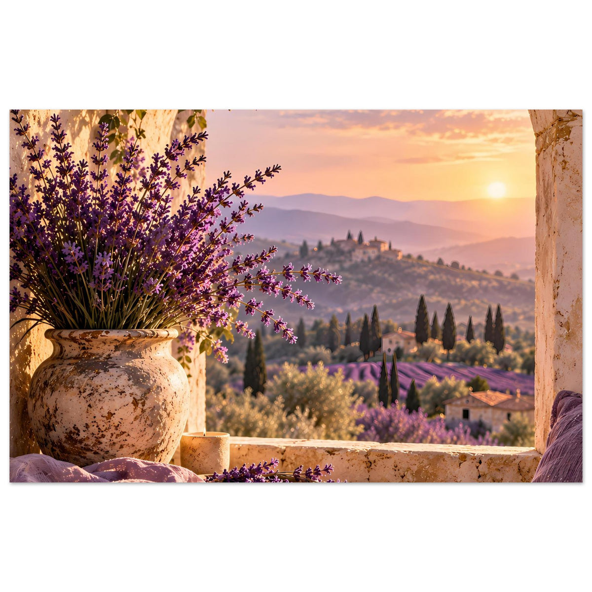 Lavendelabend-Poster mit Töpfen, Lavendelblüten und Blick durch eine Steinbogen-Terrasse.