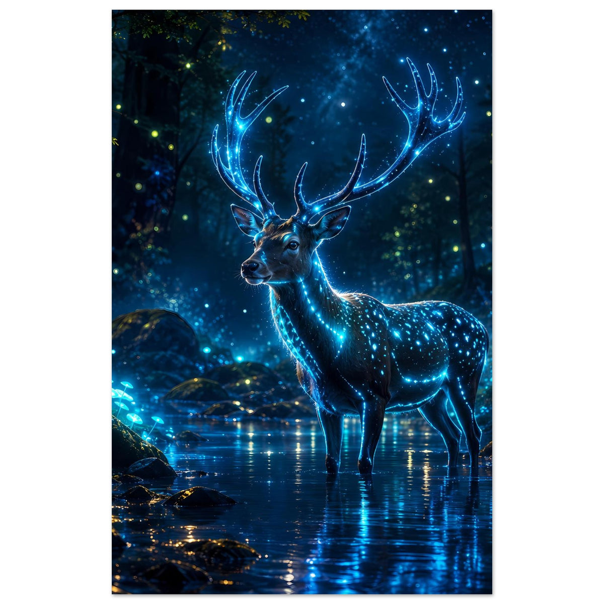 Vertikales Poster mit leuchtendem Hirsch, blau schimmerndes Geweih, stehende Haltung