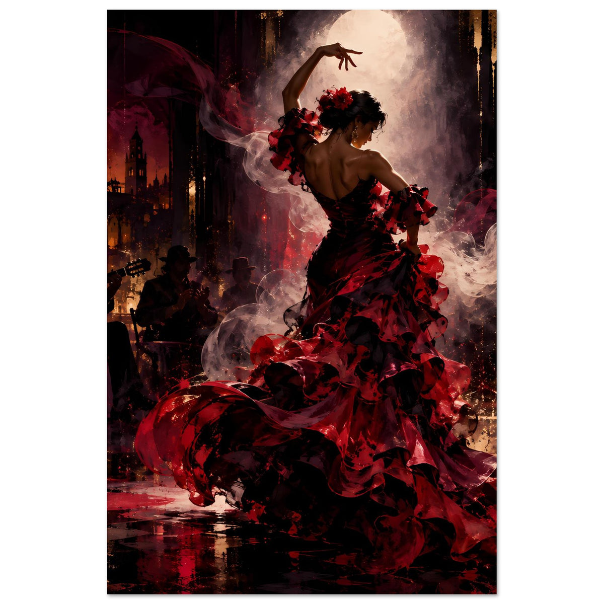 Flamenco-Passion-Poster (hochkant): Tänzerin im roten Kleid mit Blumenkranz und Rauch
