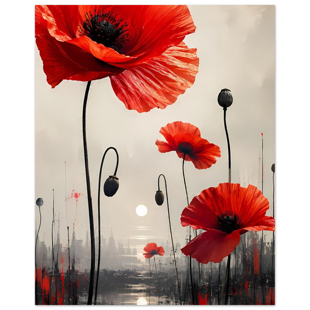 Abstraktes Blumenposter mit roten Mohnblüten, schwarzem Stielwerk und tiefen Farbschichten