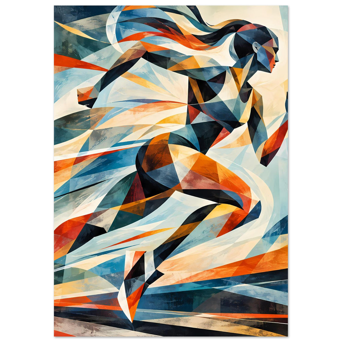 Poster mit abstrakter Läuferin in dynamischer Geometrie, Blau- und Orangetöne