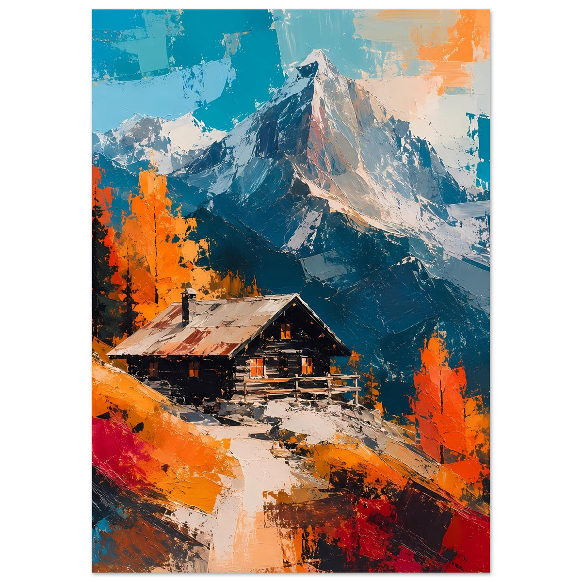 Wandposter mit Alpenhütte und verschneiten Bergen, Akzente in Blau, Orange und Dunkelbraun