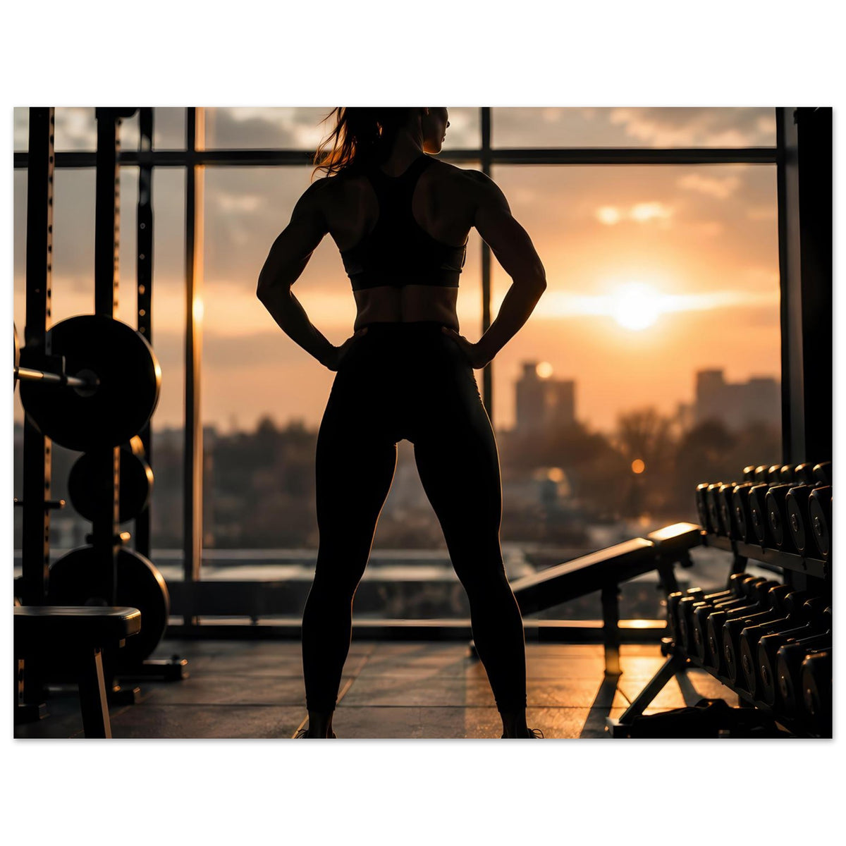 Fitness-Poster: Sportlerin-Silhouette in Ganzkörperansicht, Hände an der Hüfte