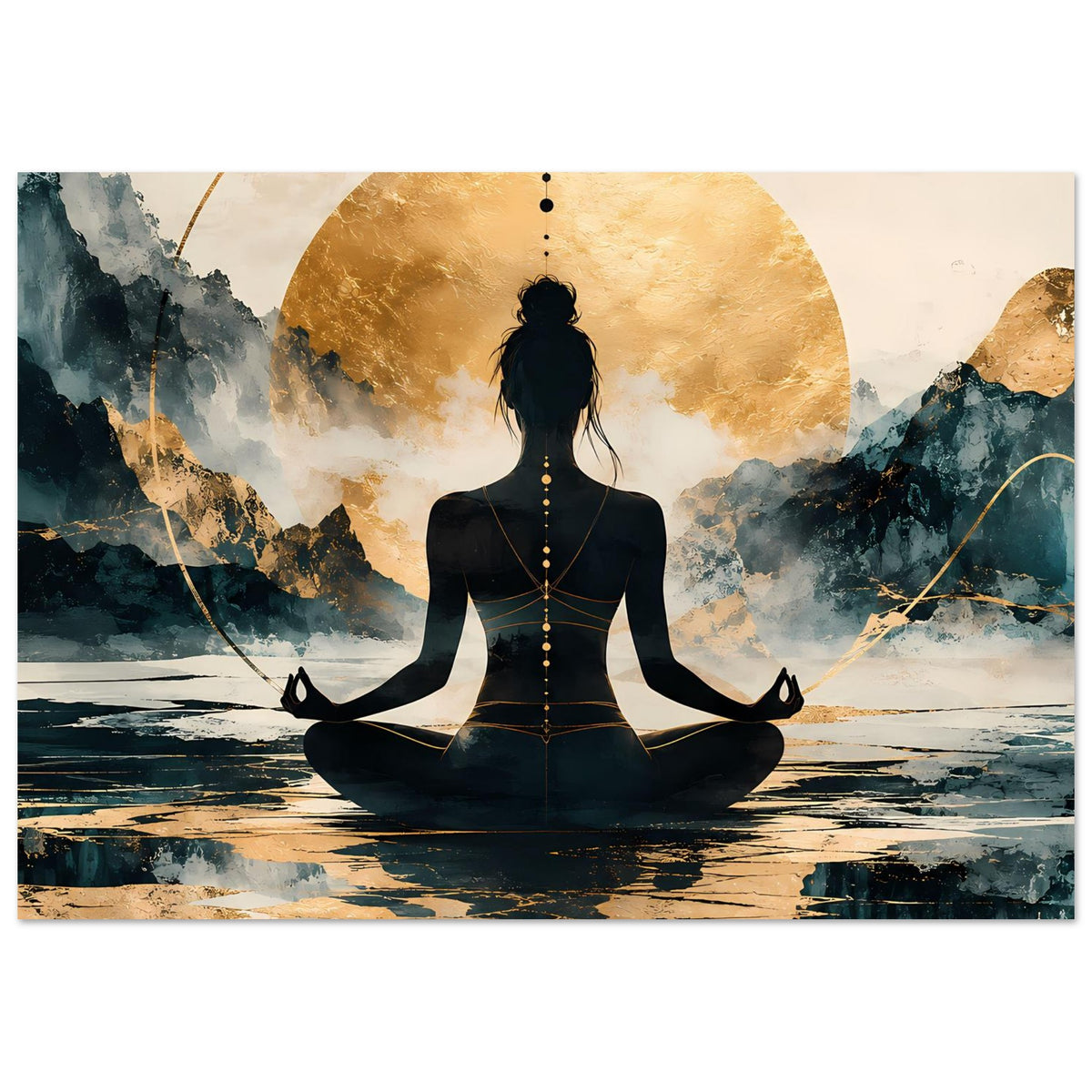 Querformatiges Poster mit Meditationssilhouette, goldener Kreisfläche und Landschaft