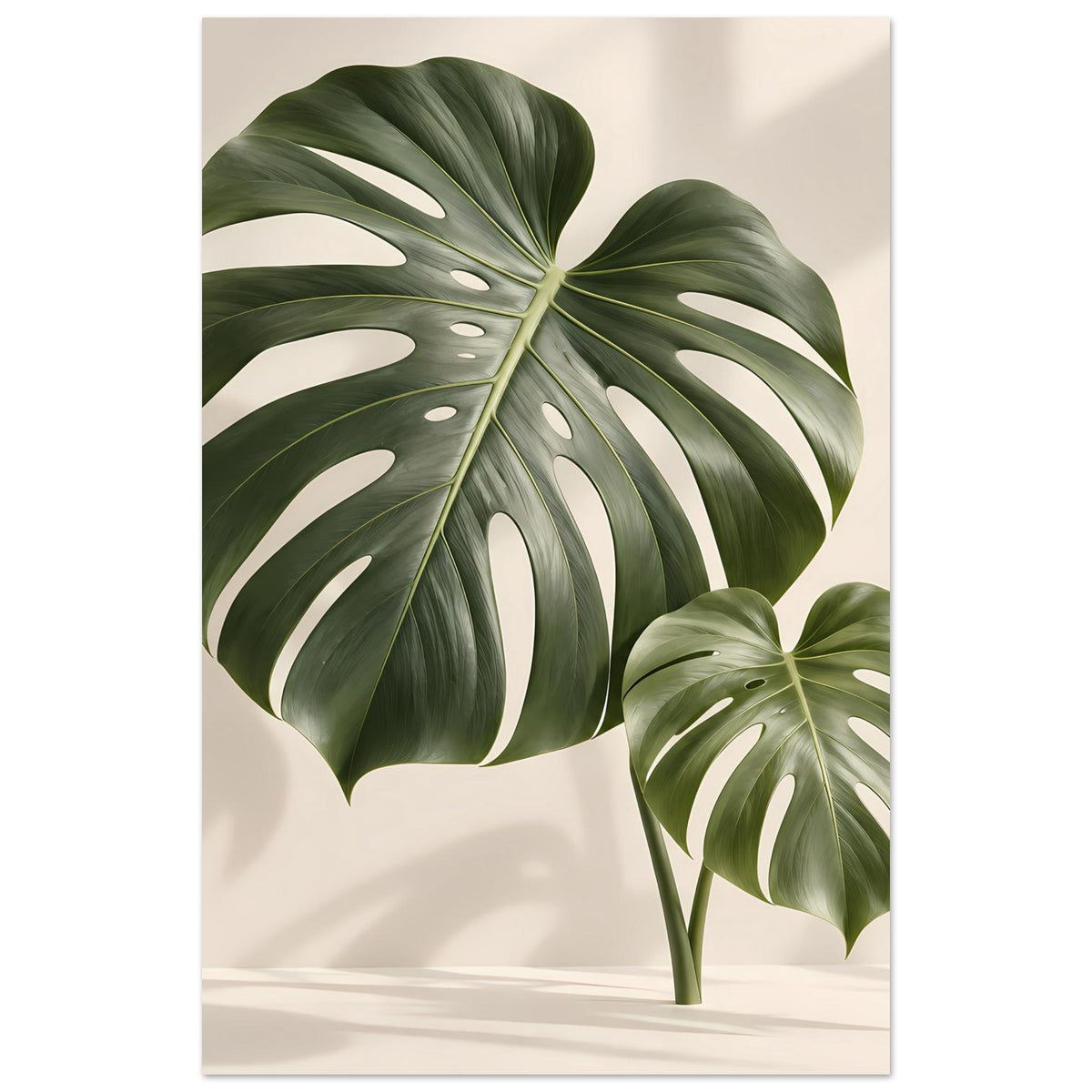 Poster mit Monstera-Blattpaar, großes Blatt links und kleineres rechts, dunkelgrün mit hellen Adern