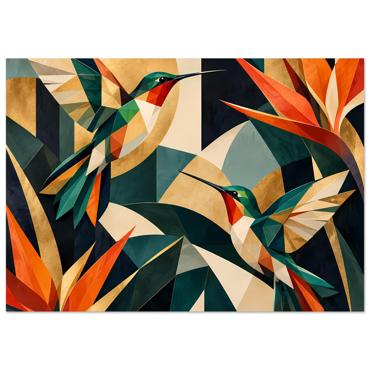 Kunstposter mit geometrischen Kolibris im Querformat, türkis, gold und orange