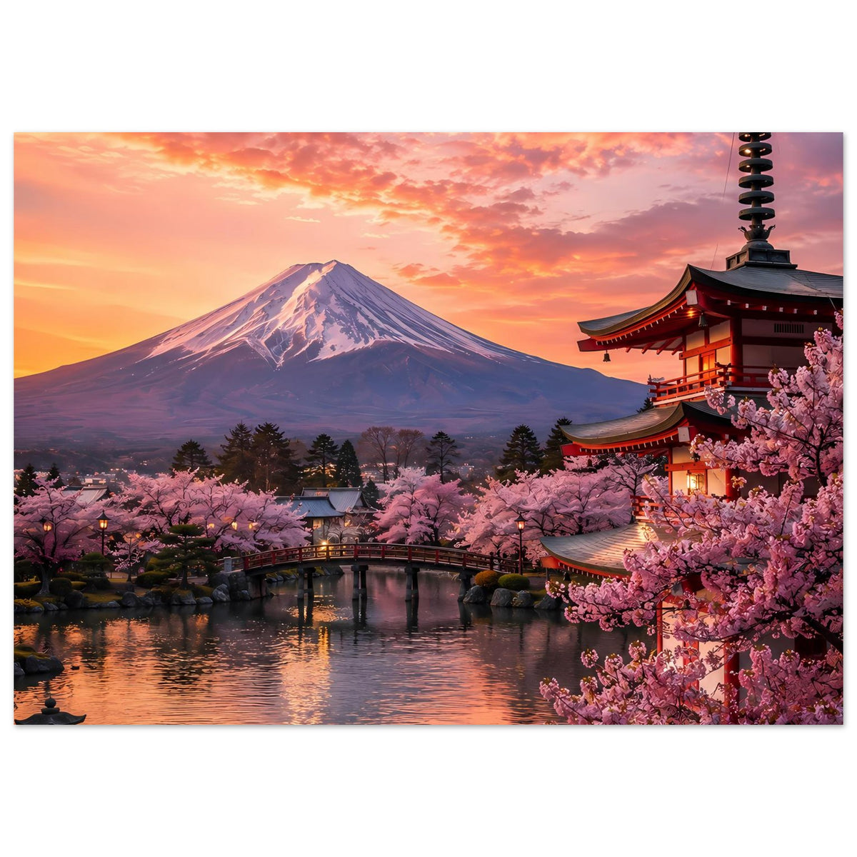 Querformat-Poster mit Fuji, pinken Kirschblüten, japanischem Tempel und Fluss im Abendlicht.