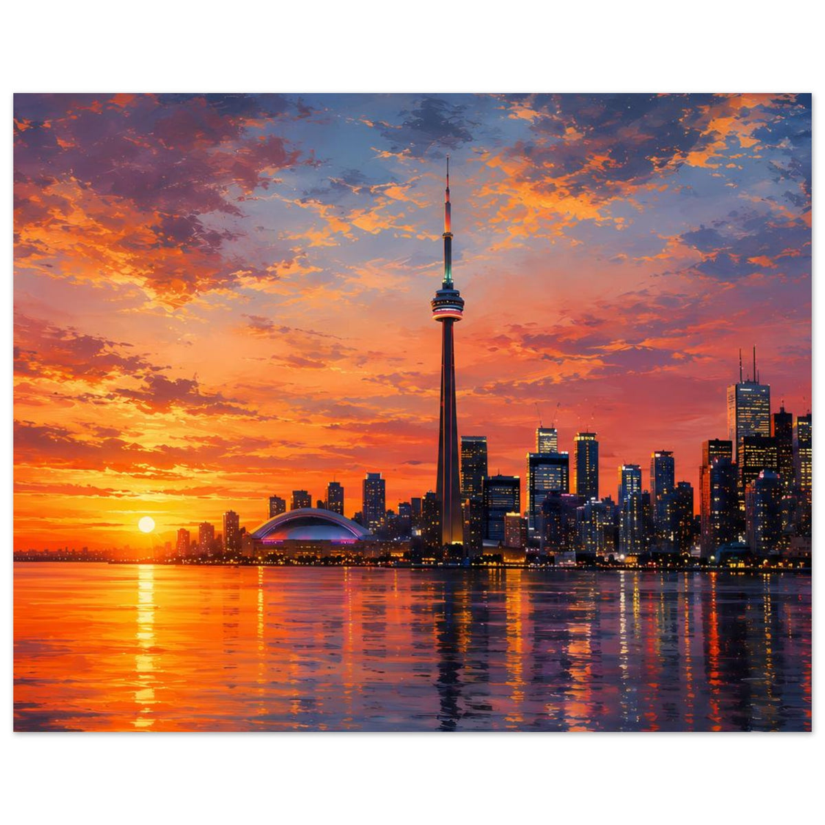 Querformat-Poster: Skyline mit CN Tower, Sonnenuntergang und reflektierendes Wasser im Vordergrund