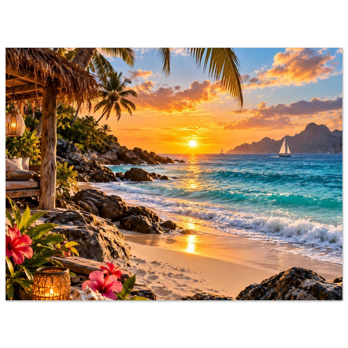 Poster tropischer Strand Sonnenuntergang im Querformat: Palmen, goldene Sonne, Meerwellen