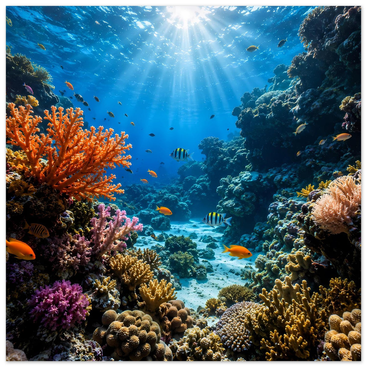 Unterwasser-Poster: Korallenriff mit großen Korallen im Vordergrund und Fischen im Blau