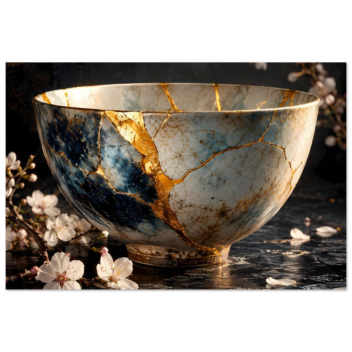 Poster mit Kintsugi-Schale und goldener Reparaturnaht, blau getönt, weiße Blüten