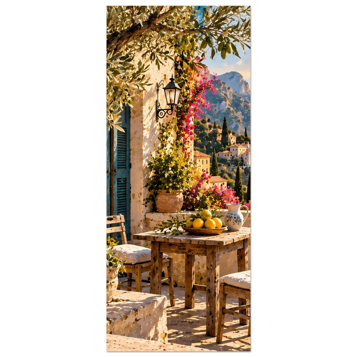 Vertikales Poster mit mediterraner Terrasse, Holztisch, Blumen und Blick auf das Meer
