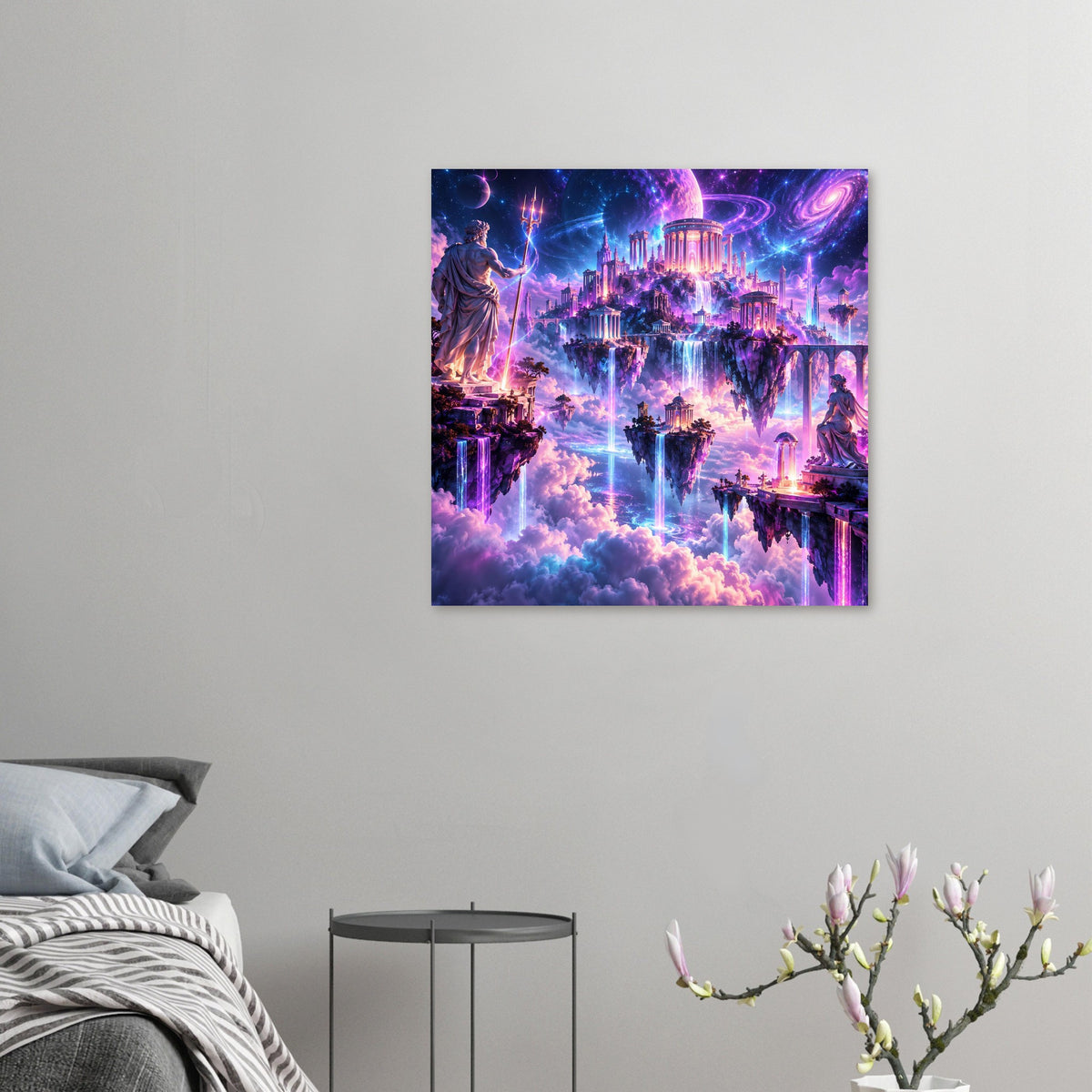 Fantasy-Poster mit Tempeln und Wasserfällen auf schwebenden Inseln, lila Farbton