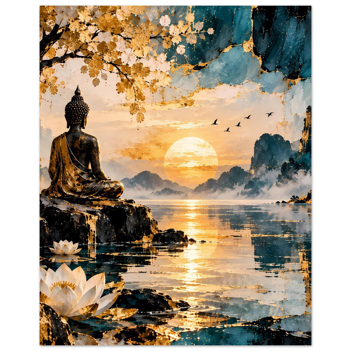 Buddha-Poster: dunkle Buddhafigur, goldblaues Himmelsbild, Lotusseer und ruhige Landschaft