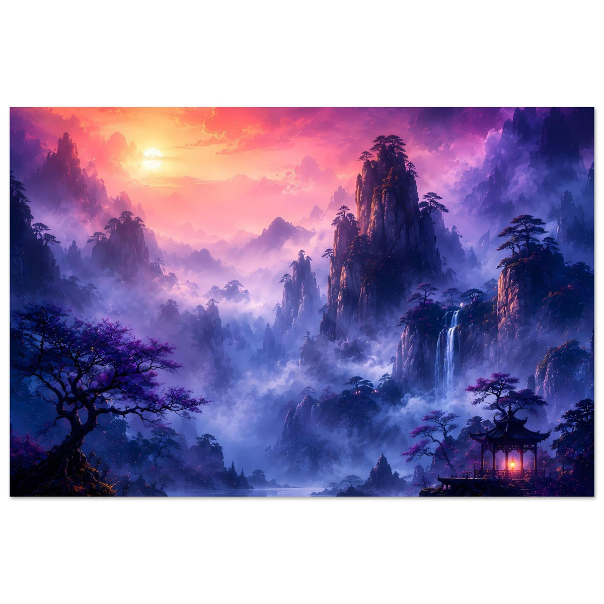 Fantasy-Poster im Rahmen mit Nebelbergen, Seeufer, Wasserfall und Sonnenstrahlen